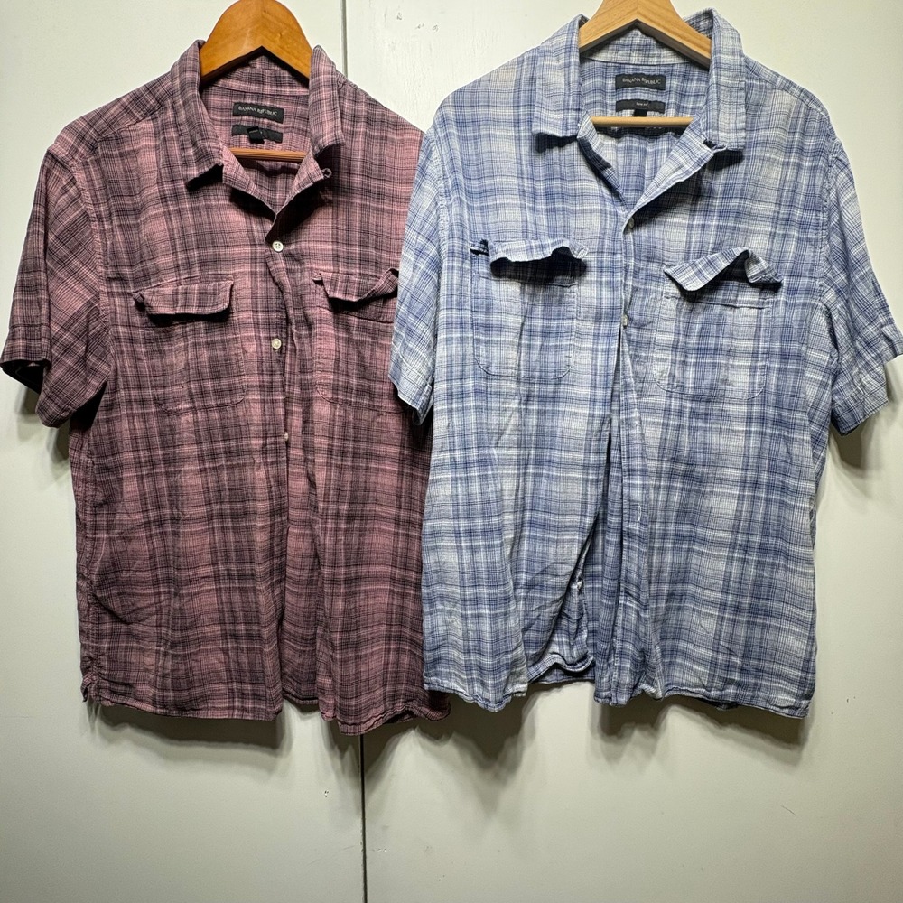 Banana Republic Slim Fit Plaid Shirts Mens XL Lot of 2 Purple Blue Short Sleeve
